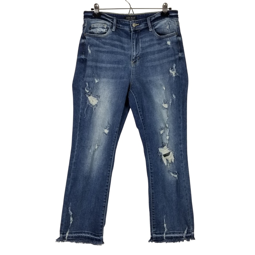 Judy Blue Straight Fit Jeans Womens Sz 30 Blue Distressed Frayed Hem JB82436MD